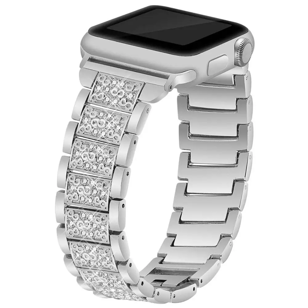 Для женщин бриллиантовый браслет ремешок для наручных часов Apple Watch, версии 5 4 3 2 1 класса люкс; со стразами; с металлическим ремнем ссылка 40/44/38 мм/42 мм браслет - Цвет ремешка: Silver