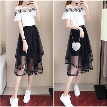 

New Summer Korean Chiffon Elegant Off Shoulder Mesh Embroidery Women Skirt Set Transparent Blouse Womens Outfits Irregular