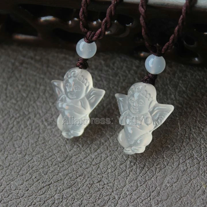 10pcs Chinese Handwork Natural White Agate Jade Carved Cute Angel Lucky Pendant + Red Brown Rope Necklace Fine Jewelry