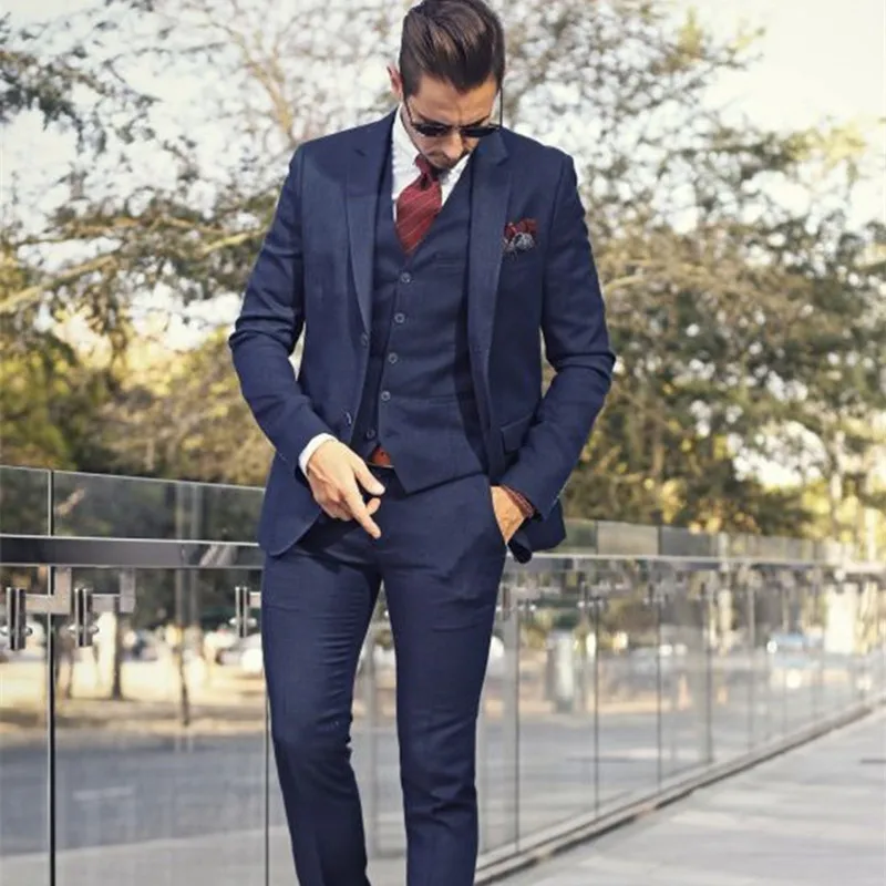 Handsome Navy blue (Jacket+Pants+vest) Business Mens Suits 3 Pieces