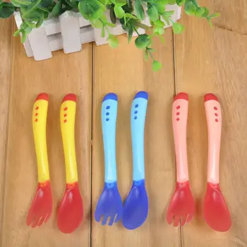 

New Baby Heat Sensing Thermal Feeding Fork Spoon Kids Weaning Soft Silicone Head 2 Pieces PY7