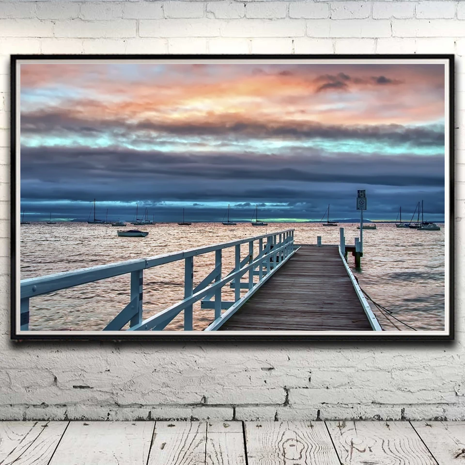 Плакат Шелковый с мостом песчаным пляжем облаками пейзажем без рамки 12x19 15x24 19x30