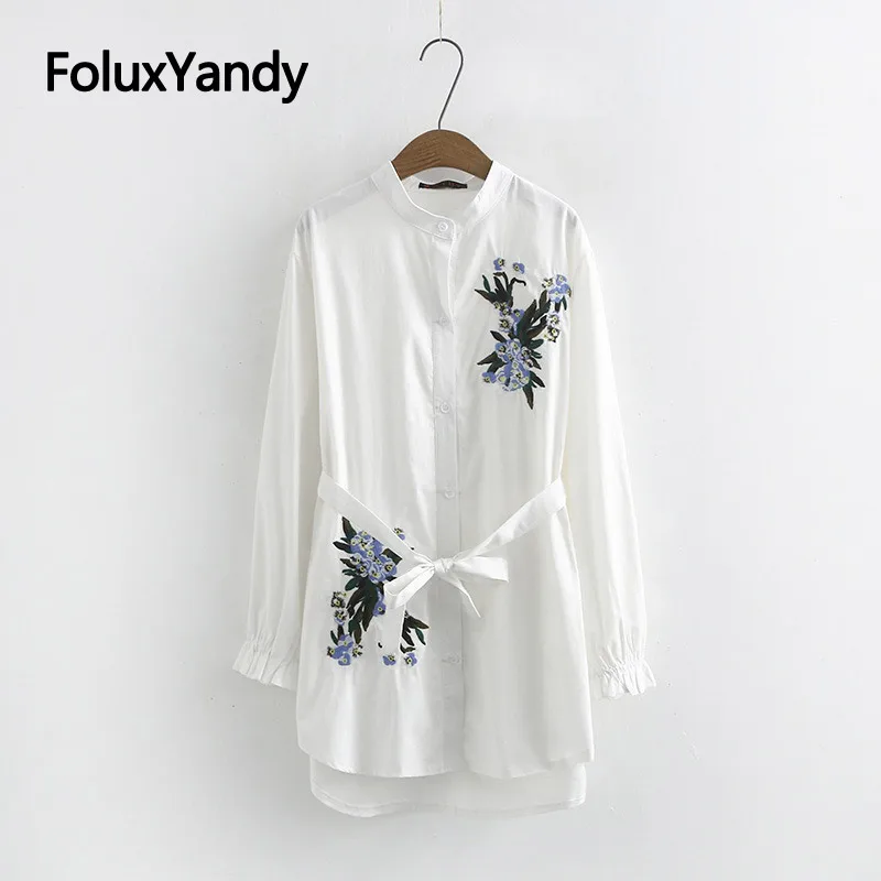 

Embroidery Casual Long Blouses Women Shirts Plus Size Floral Sashes Loose Cotton Long Sleeve Blouse Shirt Black White KKFY3788