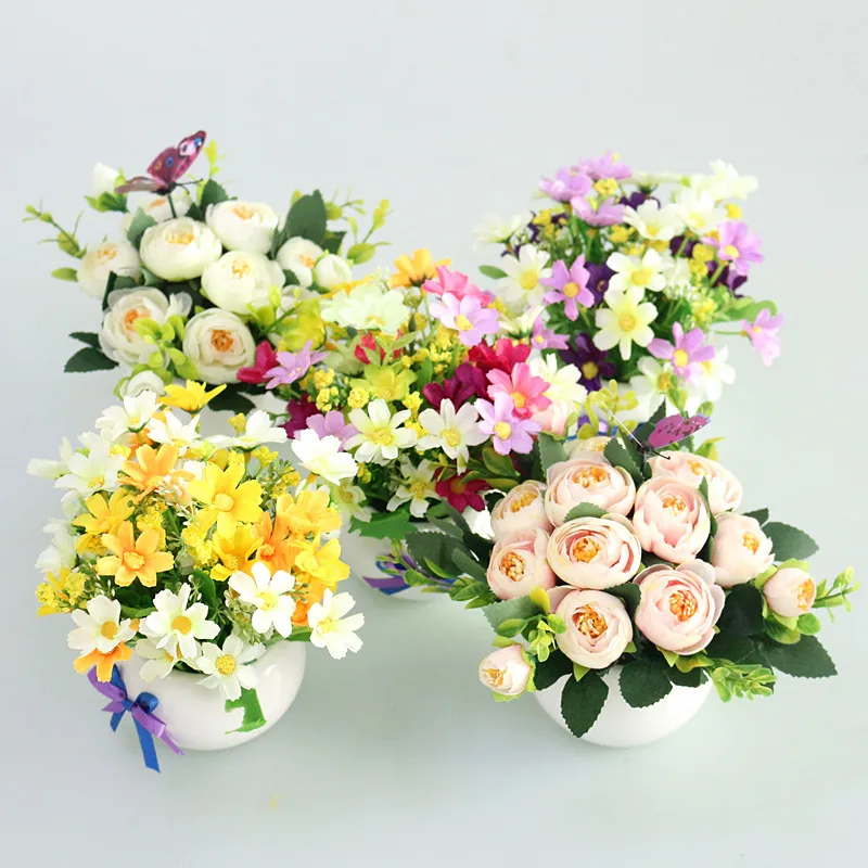 Flone Mini Artificial Small Potted Plants Silk Flower Simulation Flower Bonsai Home Wedding Party Decoration Fake Flowers (24)