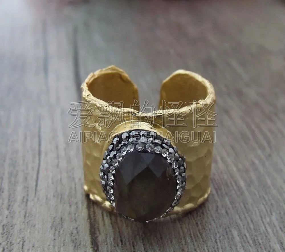 

R091515 Natural Labradorite Gold Bangle Cuff Ring