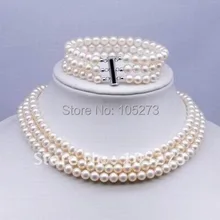 Ювелирные изделия из жемчуга AA7-8MM белый культивированный пресноводный жемчуг Ожерелье Браслет Ювелирный Набор женский стиль