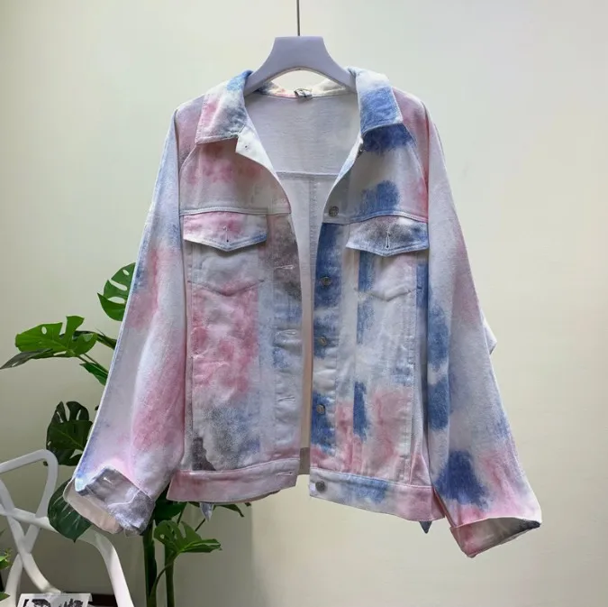 

Women Denim Jacket 2019 New Spring Autumn Loose Bat Sleeve Graffiti Long Sleeve Cowboy Jean Coat Girl Student Retro Denim Coats