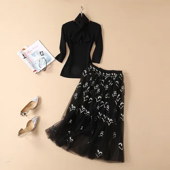 

New clothes for women Europe and America for the summer 2019 Three-quarter sleeve knit T-shirt embroidery sequined Skirt suit