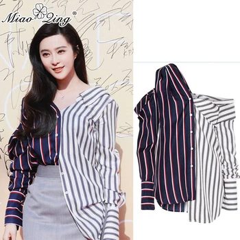 

MIAOQING 2018 Casual Women summer tops Blouses Fashion Woman 2018 Irregular Bare shoulder Striped Shirt Long sleeve QQ206