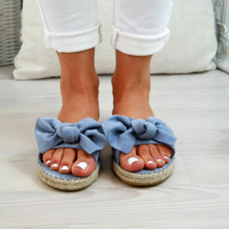 

Women Slippers Flat Slip On Lady Hemp Linen Slippers Bowknot Slip On Summer Sliders Fashion Espadrilles Shoes Chanclas De Mujer