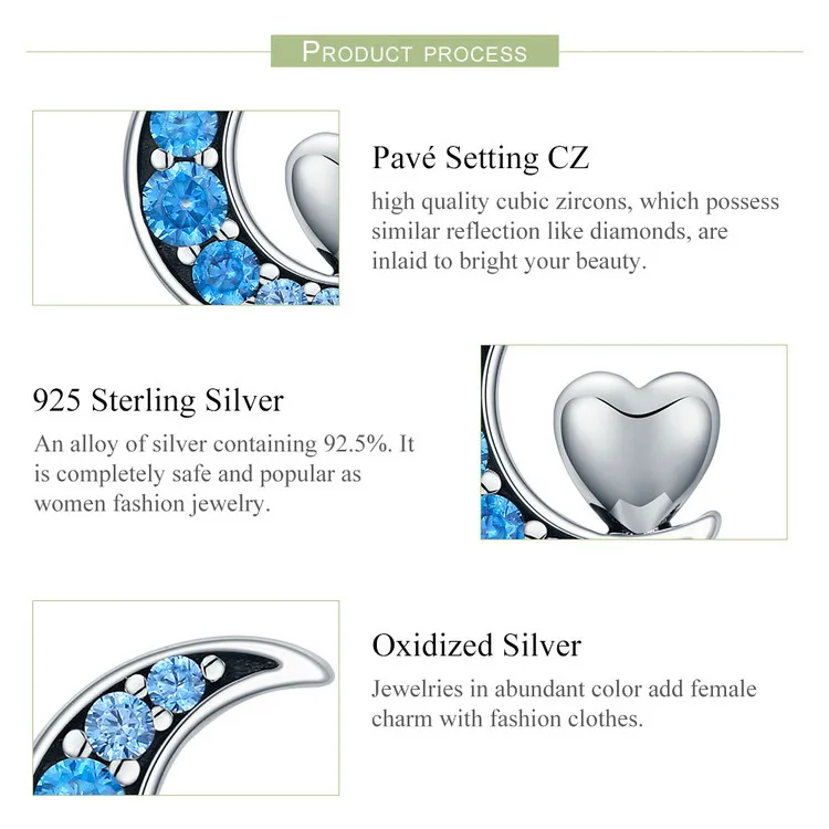 BAMOER, Настоящее серебро 925 пробы, голубой CZ, Луна и сладкое сердце, серьги-гвоздики для женщин, ювелирные изделия из стерлингового серебра S925 SCE330
