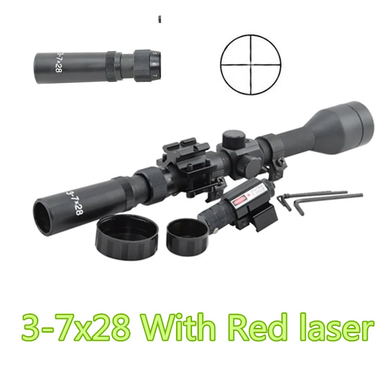

Hunting Weapon rifle 3-7X28 Air Gun Rifle Optics Cross Reticle Scope +20mm Rail Mounts +Red Dot Laser Sight For Shooting weapons