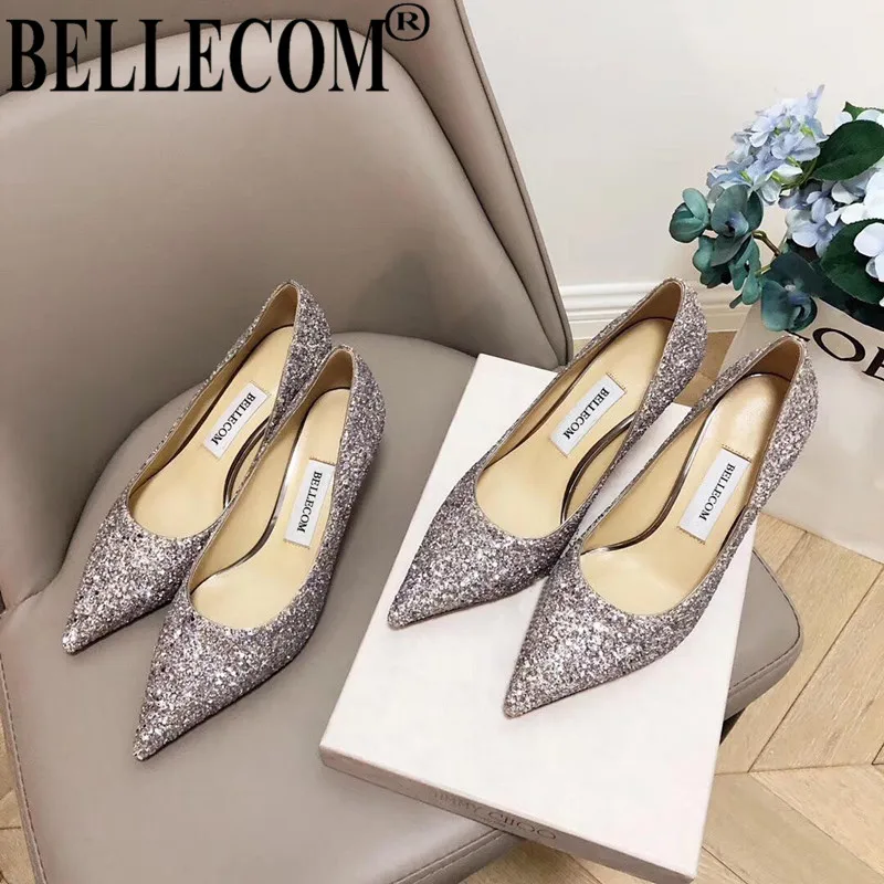 

BELLECOM Women's spring and autumn 2019 are versatile with silver gradual sequins, light tops and pointy heels