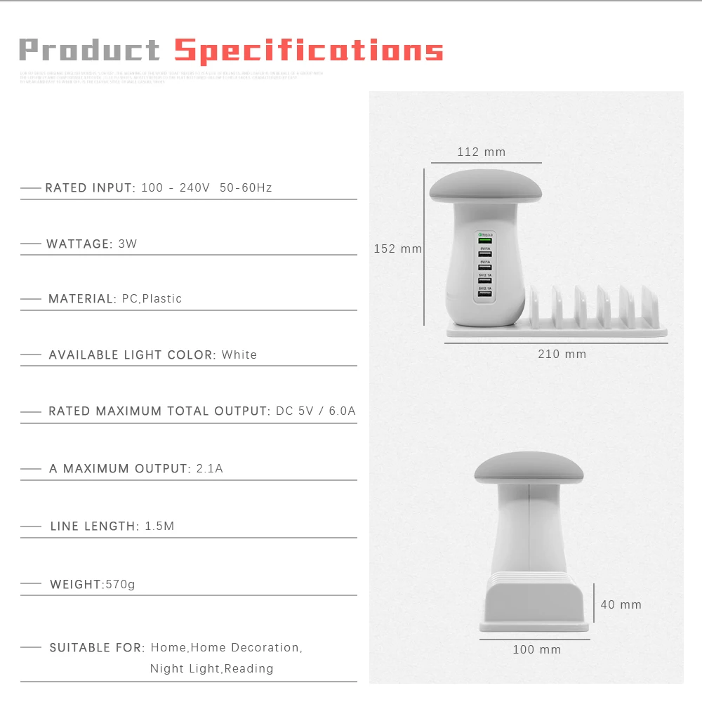 Грибной Ночной светильник, кнопочный режим/Сенсорный режим 3,0, USB зарядное устройство, концентратор, 5 портов, адаптер для зарядки телефона, Светодиодный настольный светильник в виде гриба