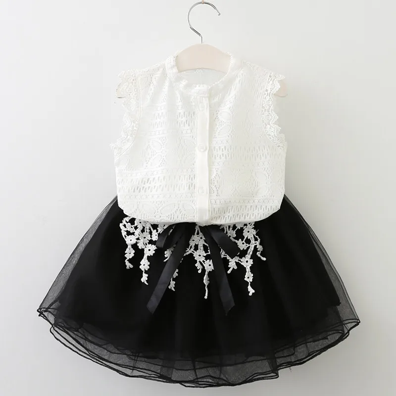 

2018 Summer Girls Lace Princess Clothes Set Girls Sleeveless T-shirt+Bowknot Skirt Two Pieces Clothing Set Kid School Cute Set
