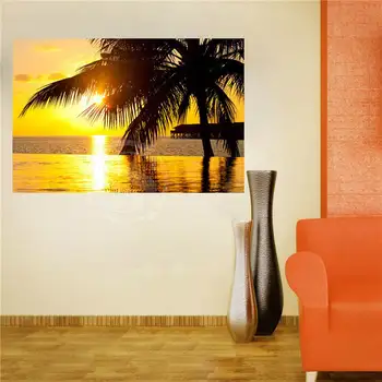 

W620F34 Custom amazing golden sunset water Beach #1 Canvas Painting Wall Silk Poster cloth print DIY Fabric Poster FW#-31-1