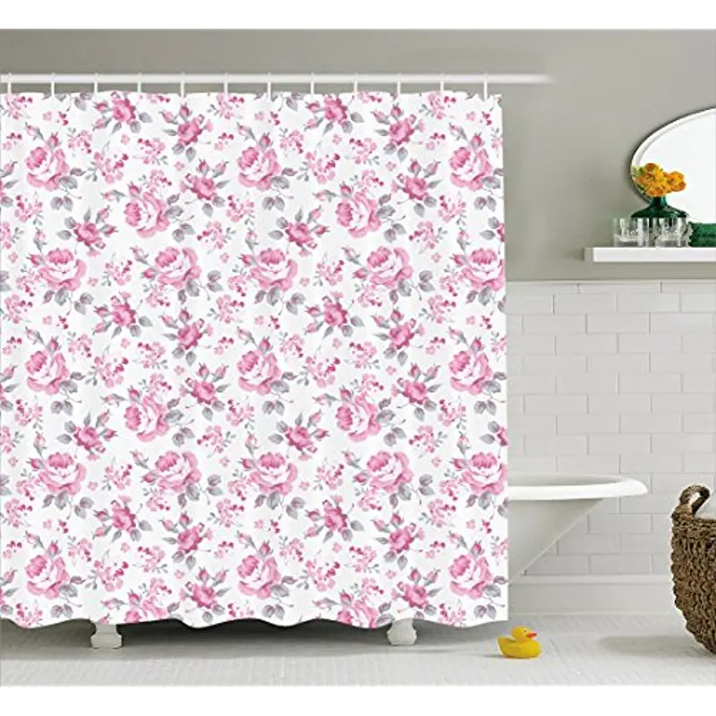 Vixm Shabby Chic Shower Curtain Pink Roses with Grey Leaves Garden