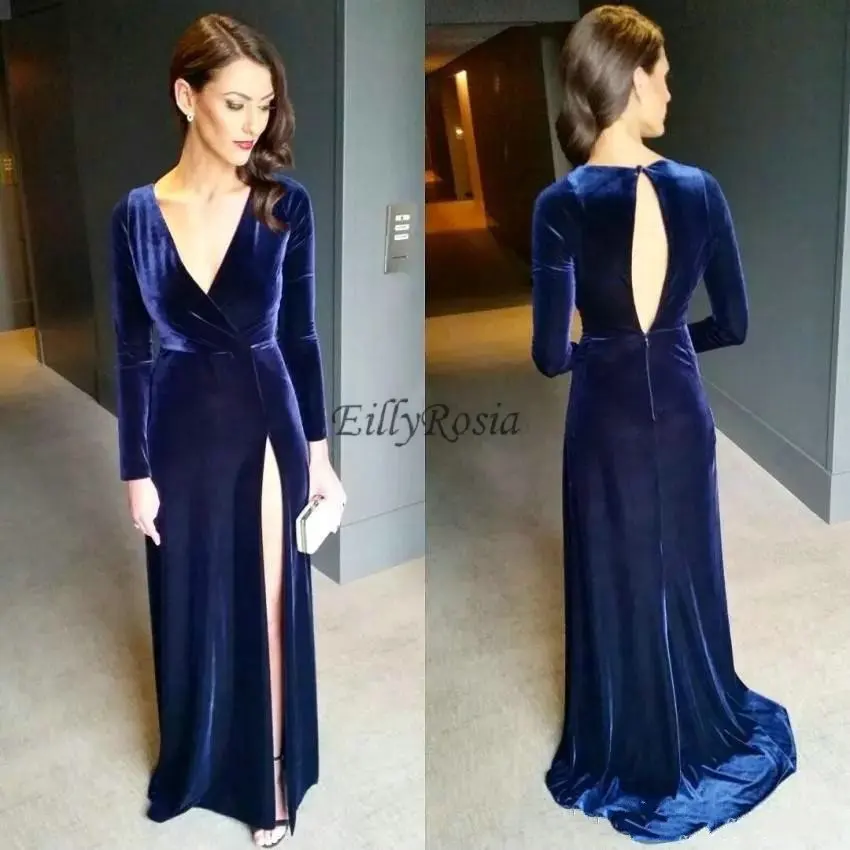Темно-синие бархатные вечерние платья с длинным рукавом с v-образным вырезом с открытой спиной, разрезом сбоку, простые элегантные женские вечерние платья, вечерние платья
