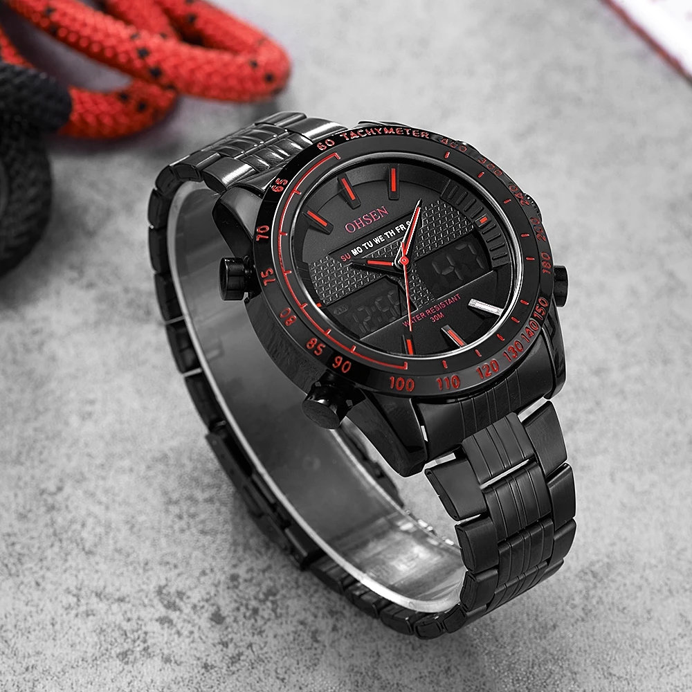 OHSEN Dual time кварцевые мужские часы многофункциональные черные водонепроницаемые