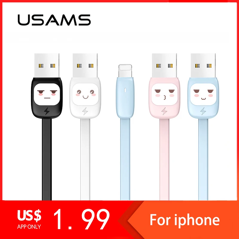 

USAMS cute Data USB Cable for iPhone 7 Fast Charging Cable for lighting cable with LED light flat for iPhone X 8 6s 5 se 5s cord