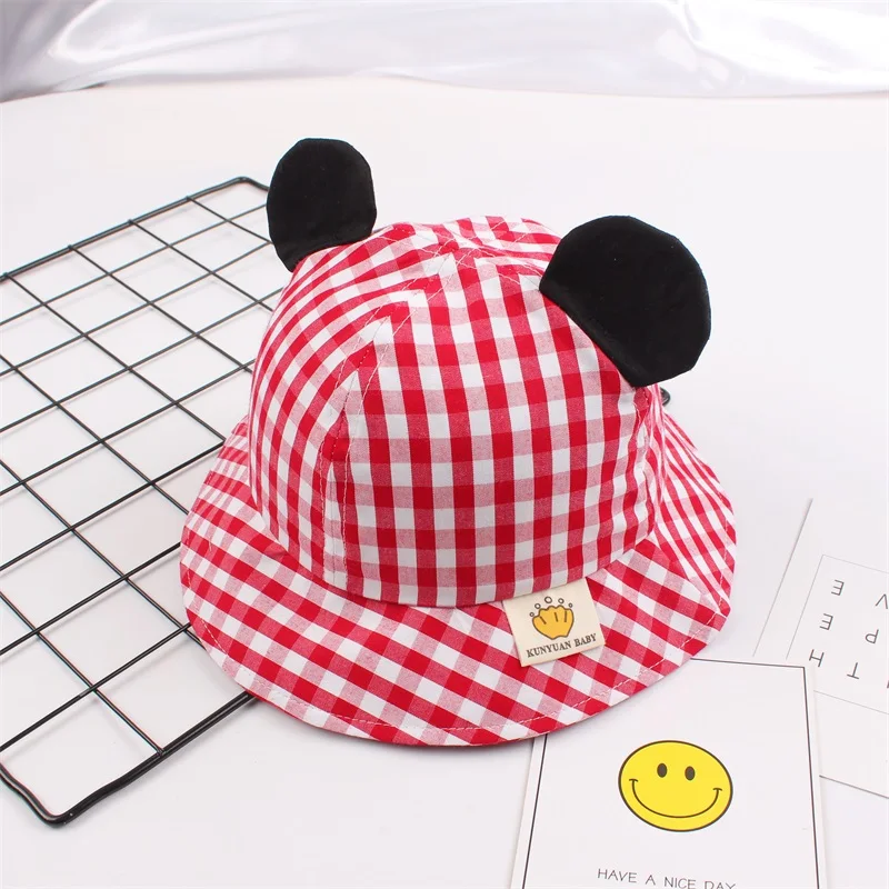 4Striped Baby Sun Bucket Hat Toddler Infant Boy Girl Black Ears UV Protection Basin Caps Cotton Breathable Fashion Grid Hat for Summer