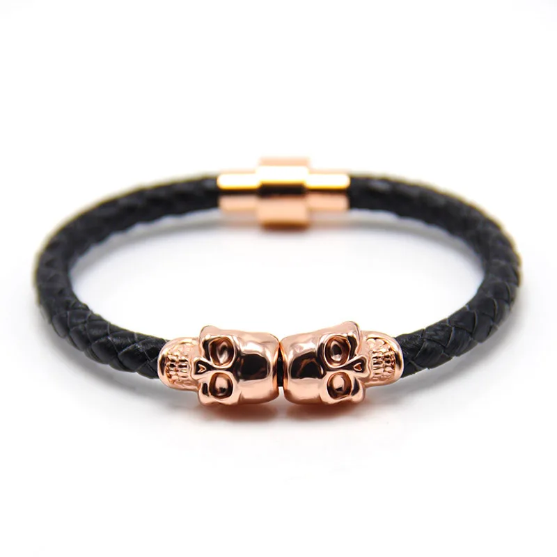 Дизайн модная Натуральная кожа браслет на магнитной застежке и черепами в стиле панк браслет из розового золота Цвет