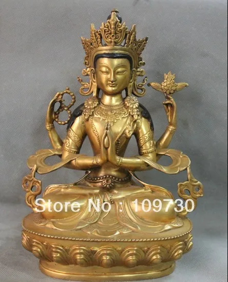 

00844 12" Tibet Purple Bronze 24K Gold Gilt 4 Hands Maha Cundi Mother Buddha Statue