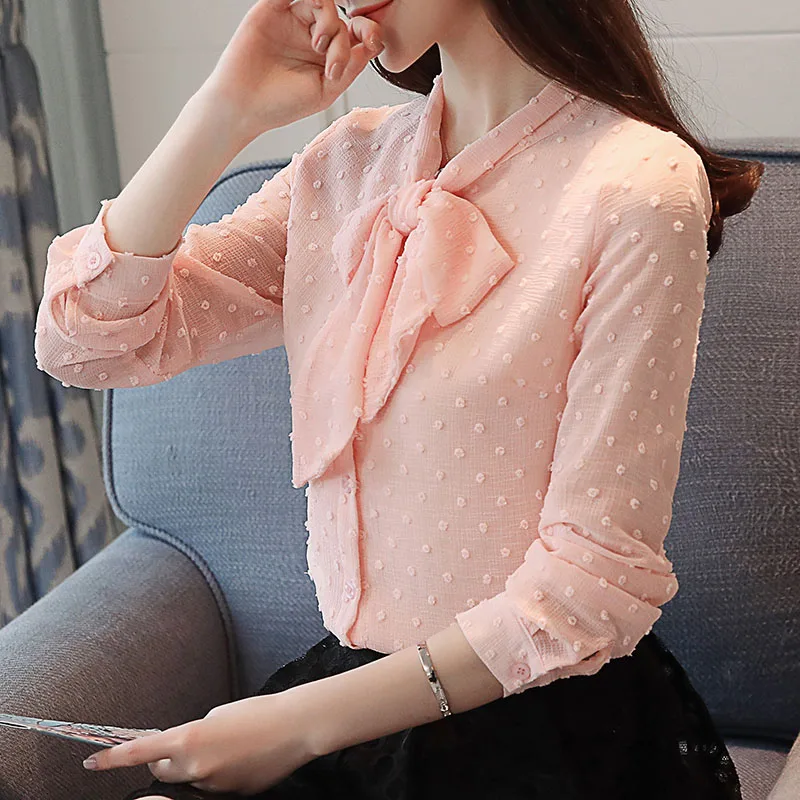 OL Стиль Весна Новая Элегантная однотонная шифоновая блузка со стоячим воротником с длинными рукавами Топы корейские трендовые свободные блузки T81714L - Цвет: Pink