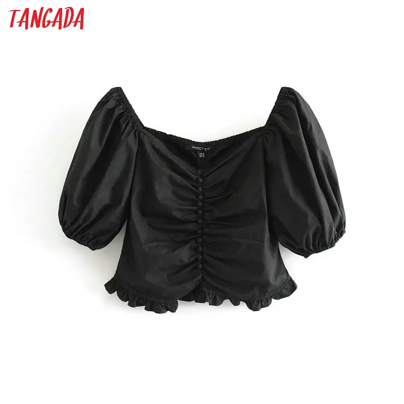 

Tangada women short style black blouse 2019 square collar ruffled short sleeve pleate shirts female chic tops 3H235