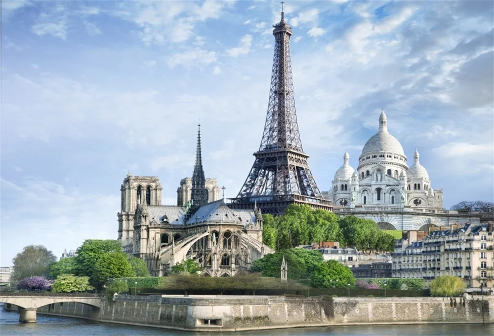 Laeacco Eiffel Towr Строительство города River живописный Фотографическая фоны