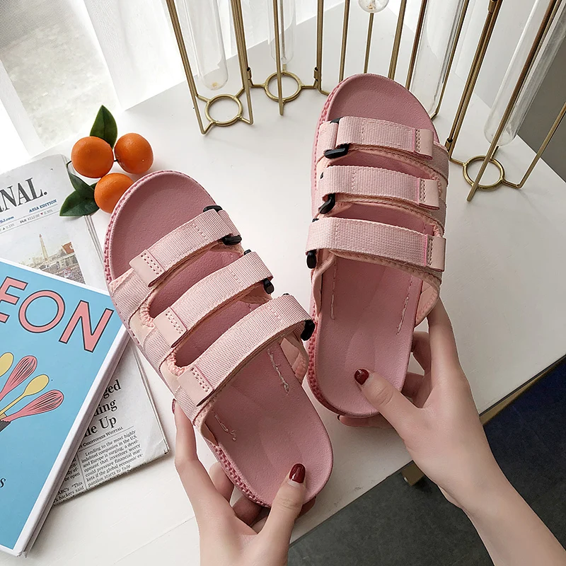 

Concise summer Buckle Low Beach Square heel Flat women Casual Slides square buckle beach flip flops Strap woman Leisure pearl