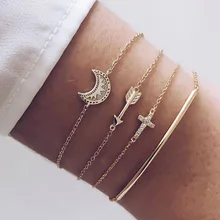 4 Pcs/Set Handmade Gold Moon Crystal Cross Arrow Charm Bracelet Bangles for Women Love Heart Triangle Gold Bracelet Jewelry Gift 4 Pcs/Set Handmade Gold Moon Crystal Cross Arrow Charm Bracelet Bangles for Women Love Heart Triangle Gold Bracelet Jewelry Gift