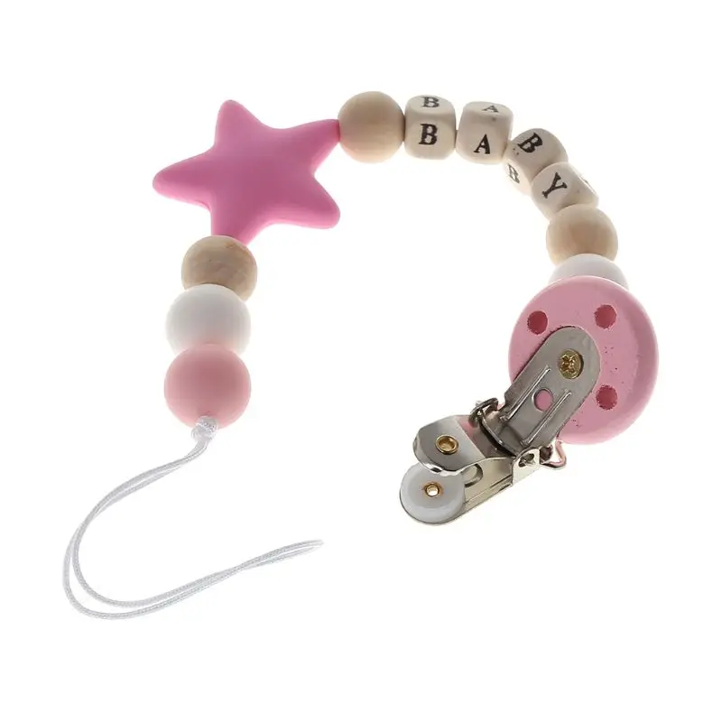 

Pacifier Chain Nursing Baby Star Pendant Necklace Teether Wood Silicone Teething Clip