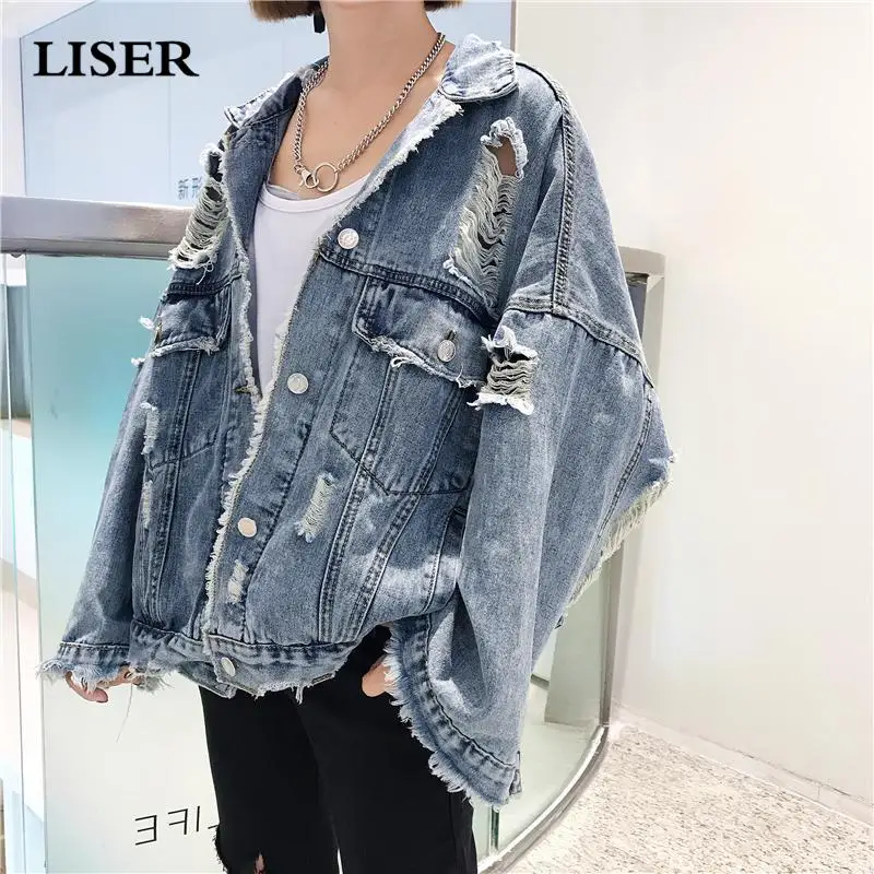 

LISER 2019 Spring Women Denim Jacket for Women Jeans Jacket Casual Loose Hole Coats and Jackets Women