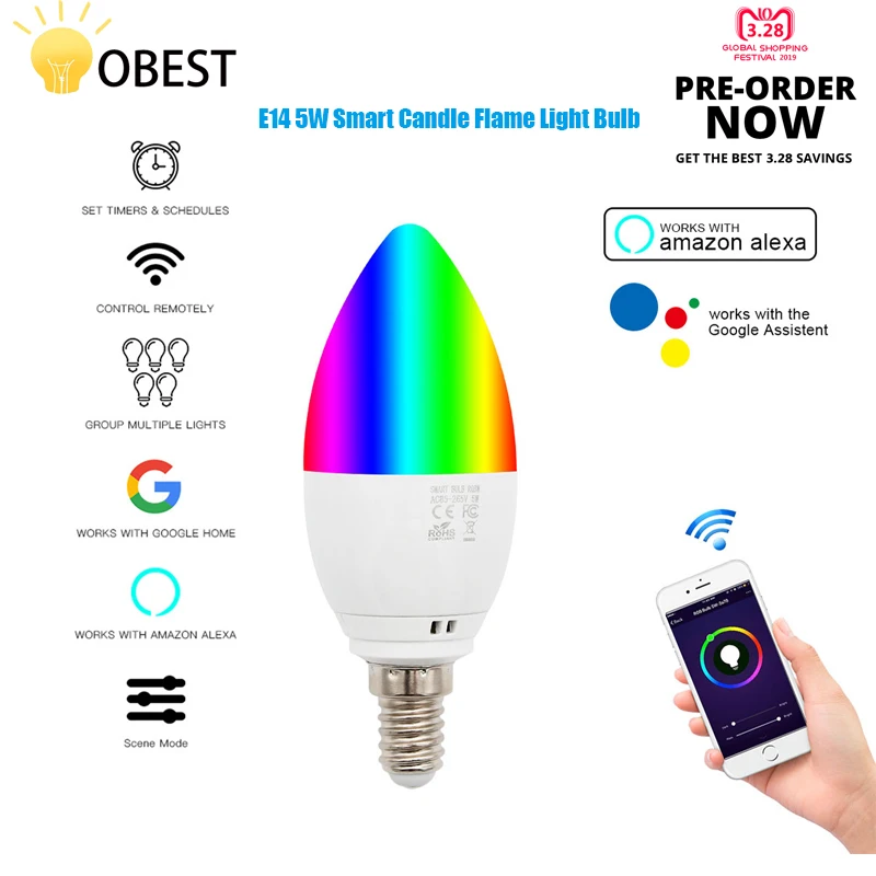 Умная WiFi Свеча лампа E14/E27Led RGB прожектор поддержка Alexa/Google Home/IFTTT умный Голосовое