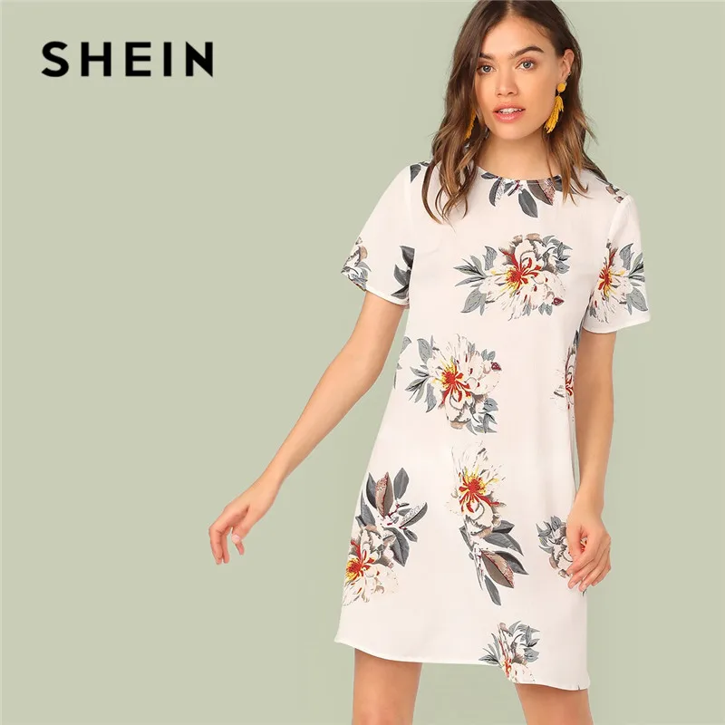 

SHEIN Floral Print Short Sleeve Summer Dress Women Clothes 2019 Round Neck White Straight Summer Dress Casual Mini Dress