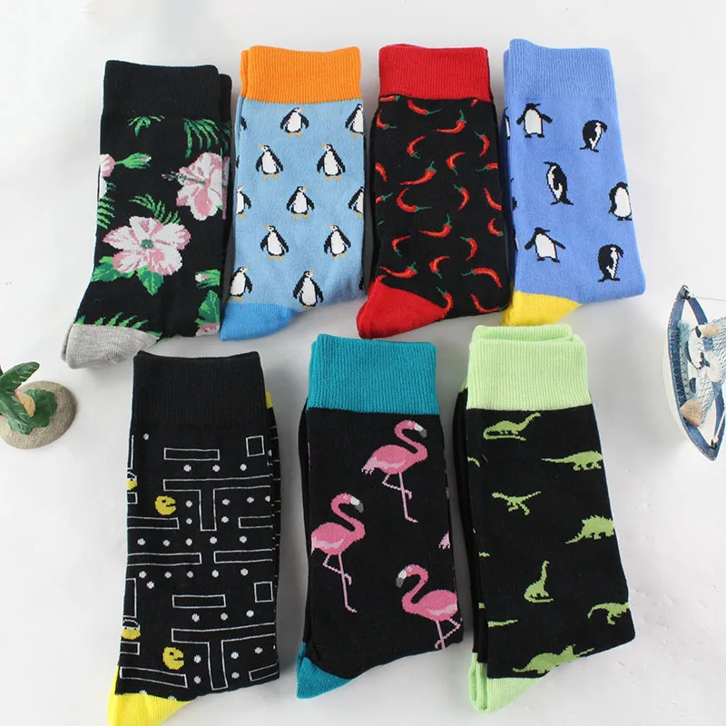 

Fashion Lovely Cartoon Penguin Flamingo chili Men Socks Harajuku Hip Hop Breathable Happy Socks Calcetines Hombre