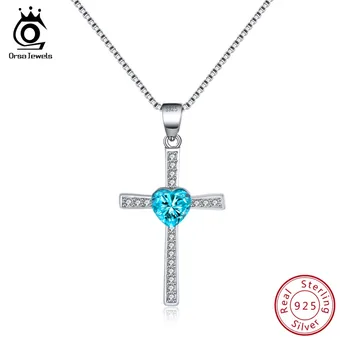 

ORSA JEWELS 925 Sterling Silver Women Necklaces&Pendants Cross Shape Blue Color Heart AAA Zircon Necklace Fashion Jewelry SN88-L