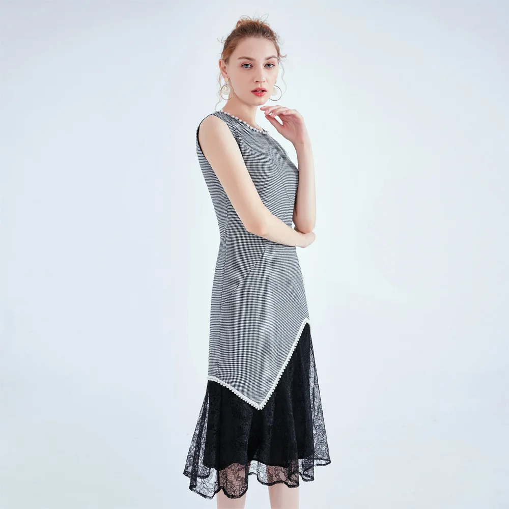 Autumn Womens High Quality Dress Sleeveless Office Bandage Sexy Party Dress Vintage Bodycon Vestidos Black Plaid Lace Dress