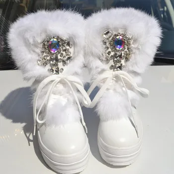 

Winter new handmade custom tide brand rabbit fur warm snow boots fashion rhinestone thick thick platform women's boots.