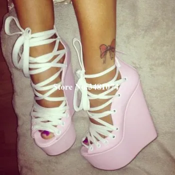 

Summer Candy Color Pink Fashion Cross-tied Sexy Platform And Wedges High Heel And Open Toe Cover Heel Women Sandals