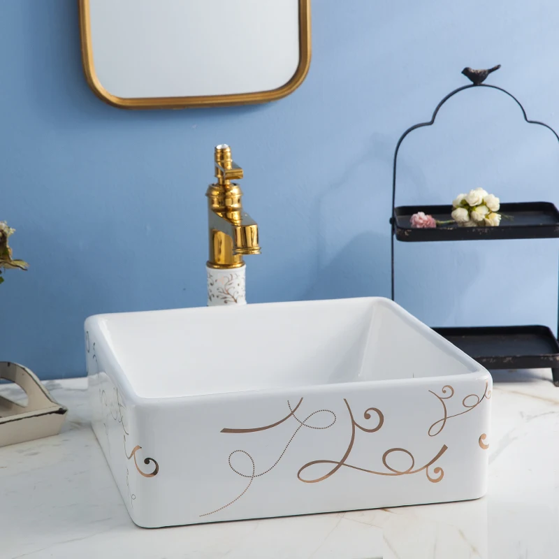 

Artistic square shape counter top white ceramic sink basin for bathroom