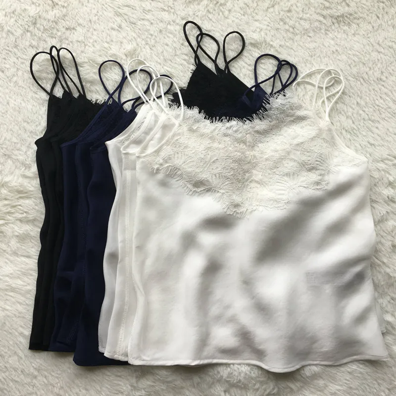 

natural silk camis tops women 100% silk lace tops 2018 spring summer new sweet blouse black blue white color