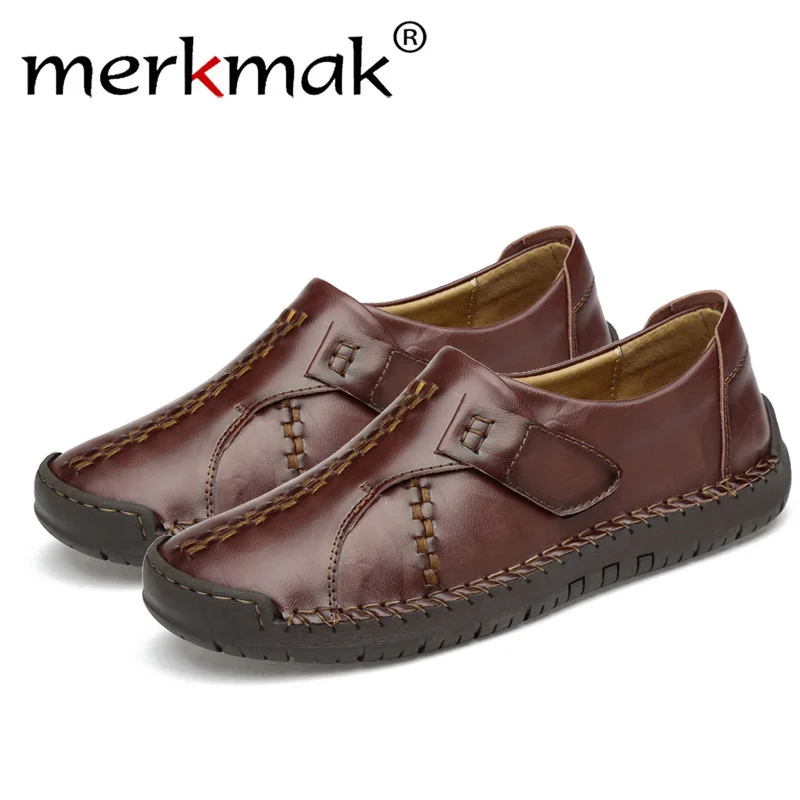 

Merkmak New 2018 Men Casual Shoes Leather Summer Breathable Holes Luxury Brand Flat Shoes for Men Loafers shoes Drop Shipping