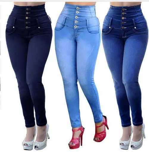 

LASPERAL Women Autumn Stretch High Waist Casual Straight-breasted Jean Femme Slim Solid Denim Plus Size 3XL Jeans Pants 2019 New