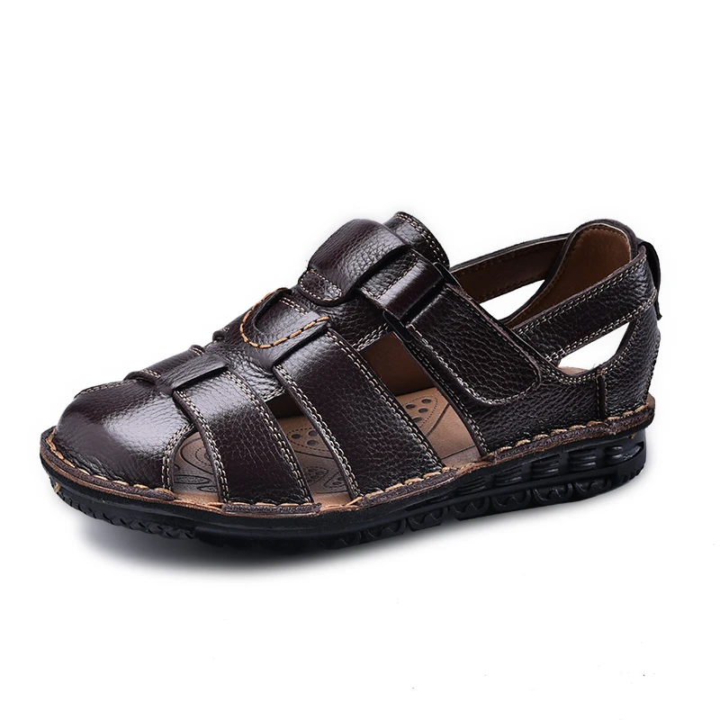 online Sapatas Dos Homens da Mola GOXPACER Fechado Do Dedo Do Pé Dos Homens Sandálias de Couro de Vaca Casuais Sapatos de Praia Da Moda de Salto Baixo Confortável 2018 Frete Grátis