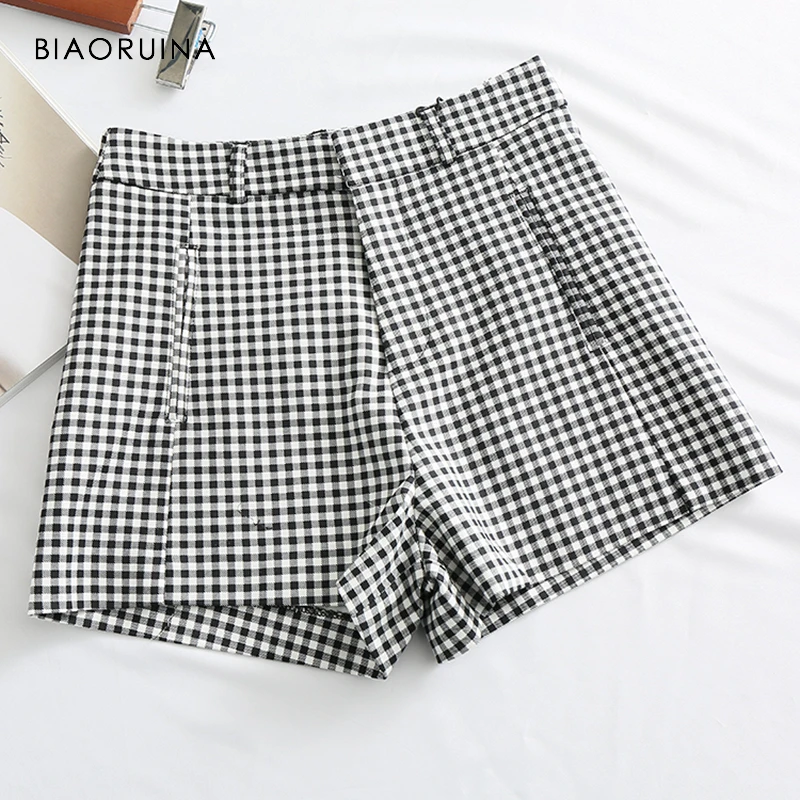 

BIAORUINA Women Fashion High Waist Plaid Short Female Classic Cotton Blends Vintage Shorts Women's Casual Shorts Streetwear