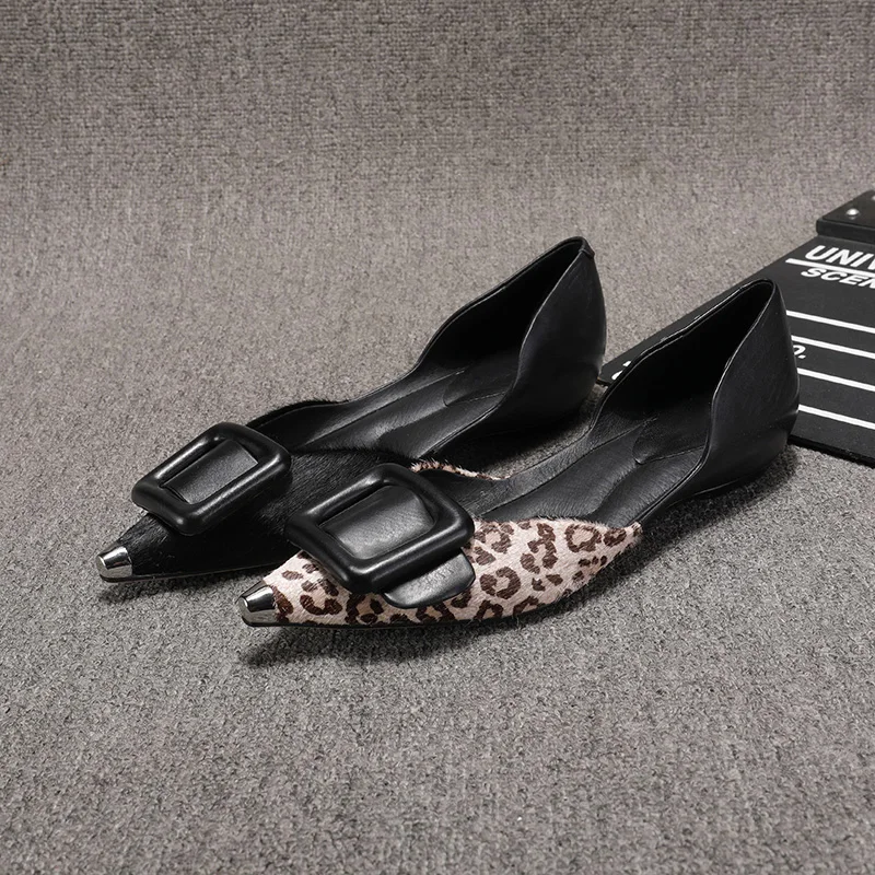 

MELODIE 2019 Genuine Leather Horsehair Square buckle Shoes Woman Pointed Toe Leopard Print Low Heel women shoes MCJ160