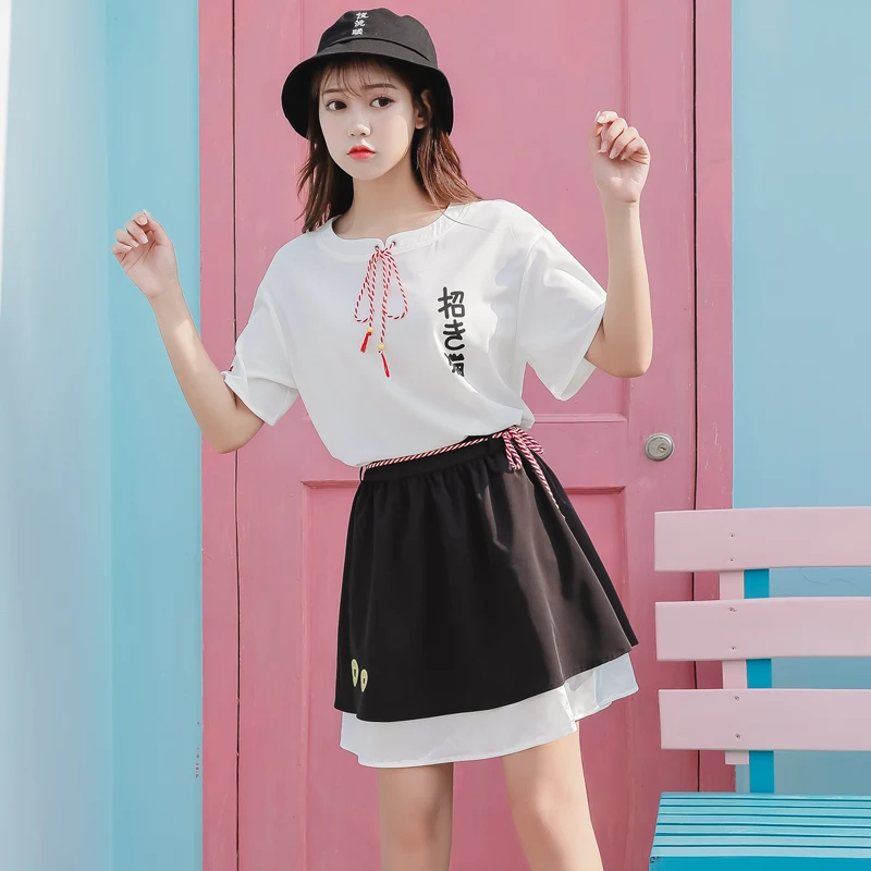 

Drawstring Belt Tassel Japanese Letter Lolita Korean Cat Cartoon Print White Tee Mini/Skirt Summer 2 Piece Pretty T-shirt Tshirt