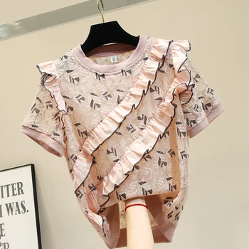 

2019 New Summer Fashion O Neck Hollow Out Knitted Top Loose Short Sleeve Shirts Ruffles Lace All-match Female Blouses and Shirt
